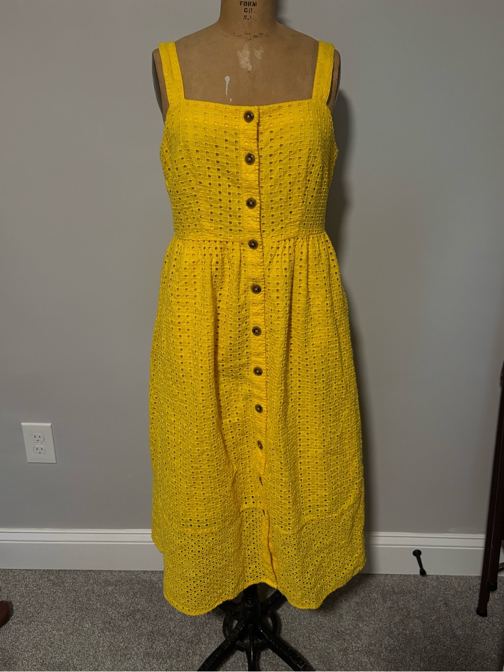 J.Crew Yellow Eyelet Button-Front Midi Sundress